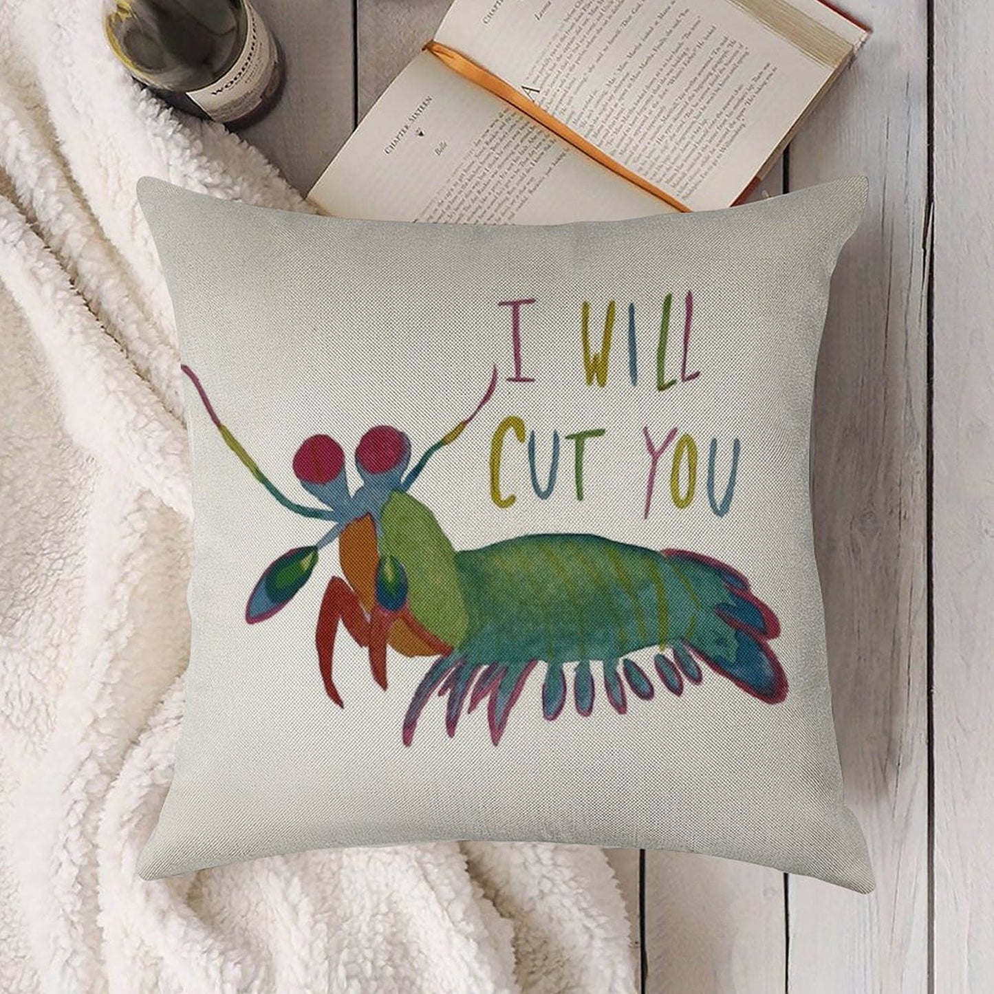 Mantis Shrimp Threat Linen Throw Pillow Cover