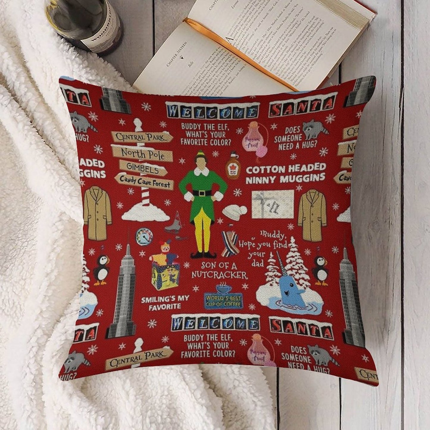 Buddy The Elf Collage, Red Background Linen Throw Pillow Cover