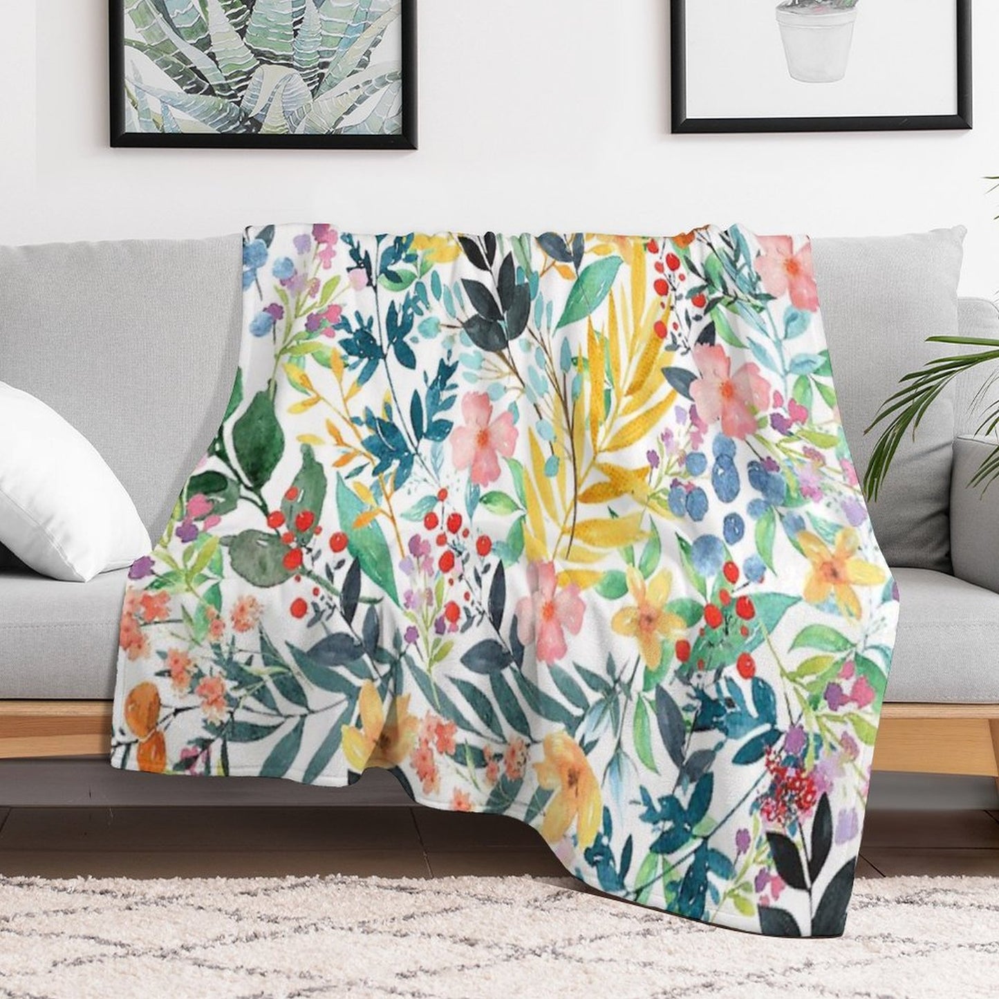 Colorful Watercolor Floral Pattern Throw Blanket