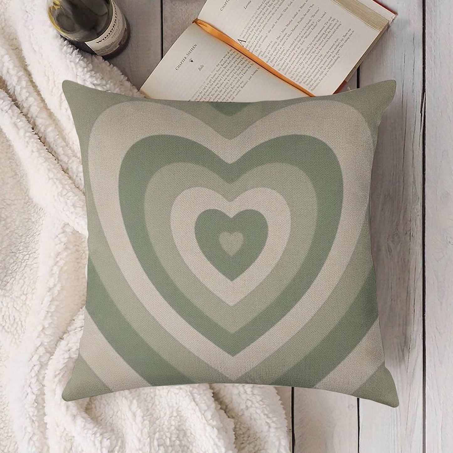 Sage Green Heart Linen Throw Pillow Cover