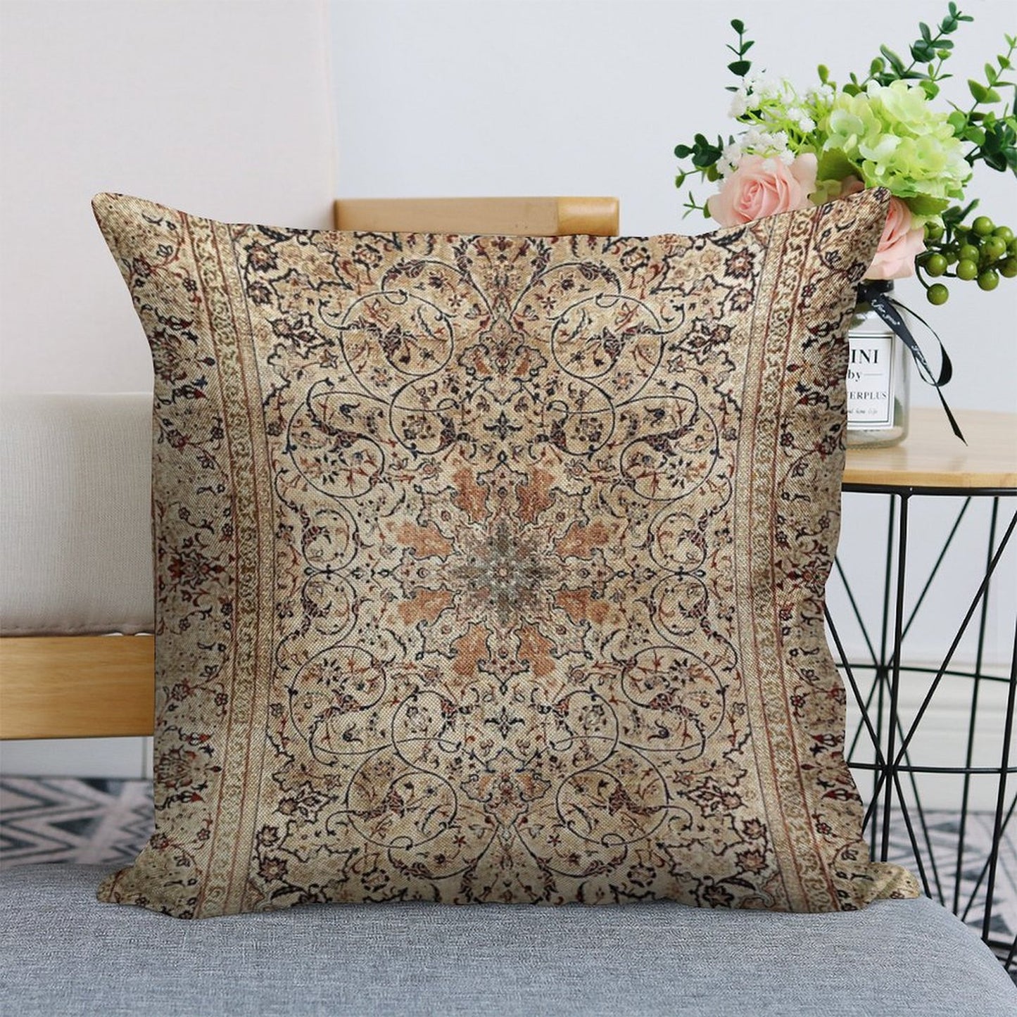 Silk Esfahan Persian Carpet Print Linen Throw Pillow Cover