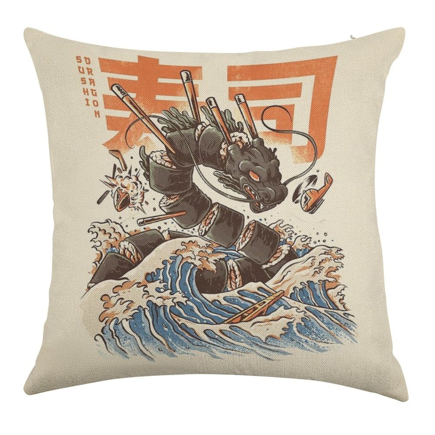 Great Sushi Dragon Linen Throw Pillow Cover