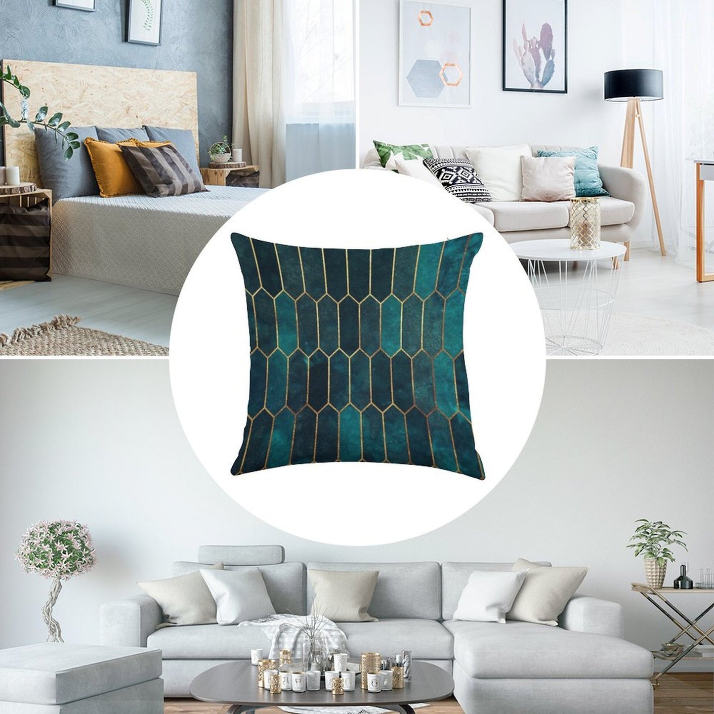 Deep Teal And Blue Gold  Pattern Linen Throw Pillow Cover