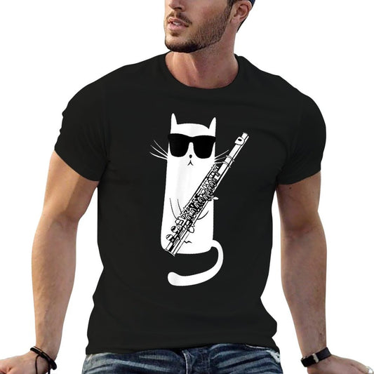Funny Cat Wearing Sunglasses Playing Flute T-Shirt