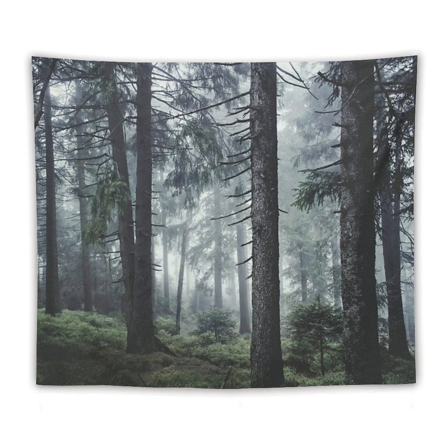 Path Vibes Wild Romantic Misty Retro Fall Wilderness Fairytale Forest With Cascadia Trees Covered In Magic Blue Fog Season Tapestry