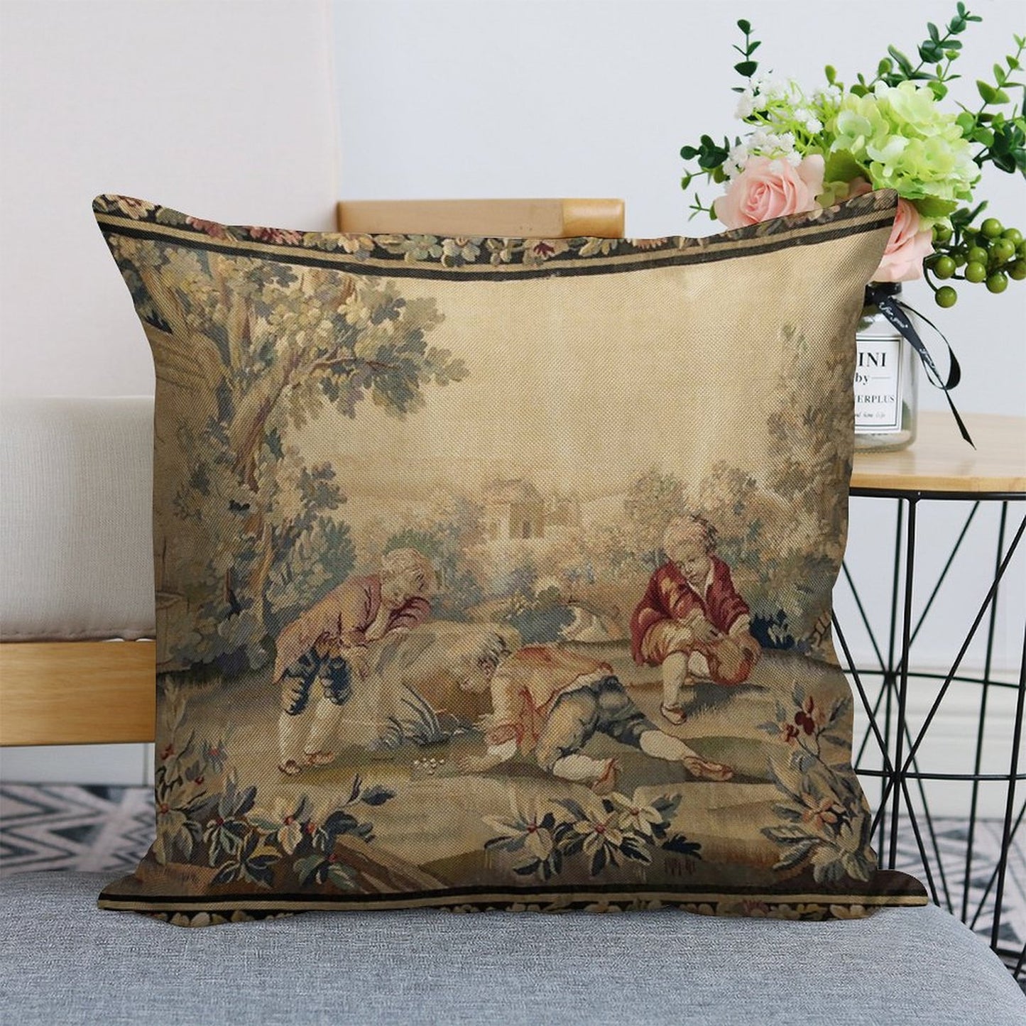 Aubusson Antique French Tapestry Print Linen Throw Pillow Cover