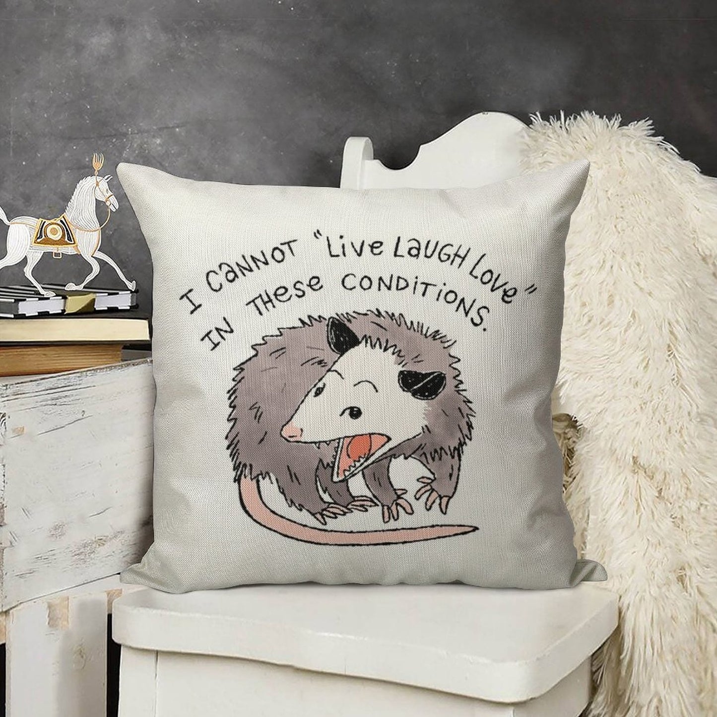 Opossum Live Laugh Love Linen Throw Pillow Cover