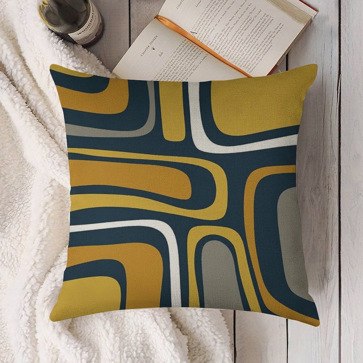 Palm Springs Mid-Century Modern Abstract Pattern in Light And Dark Mustard, Gray, And White on Navy Blue Linen Throw Pillow Cover