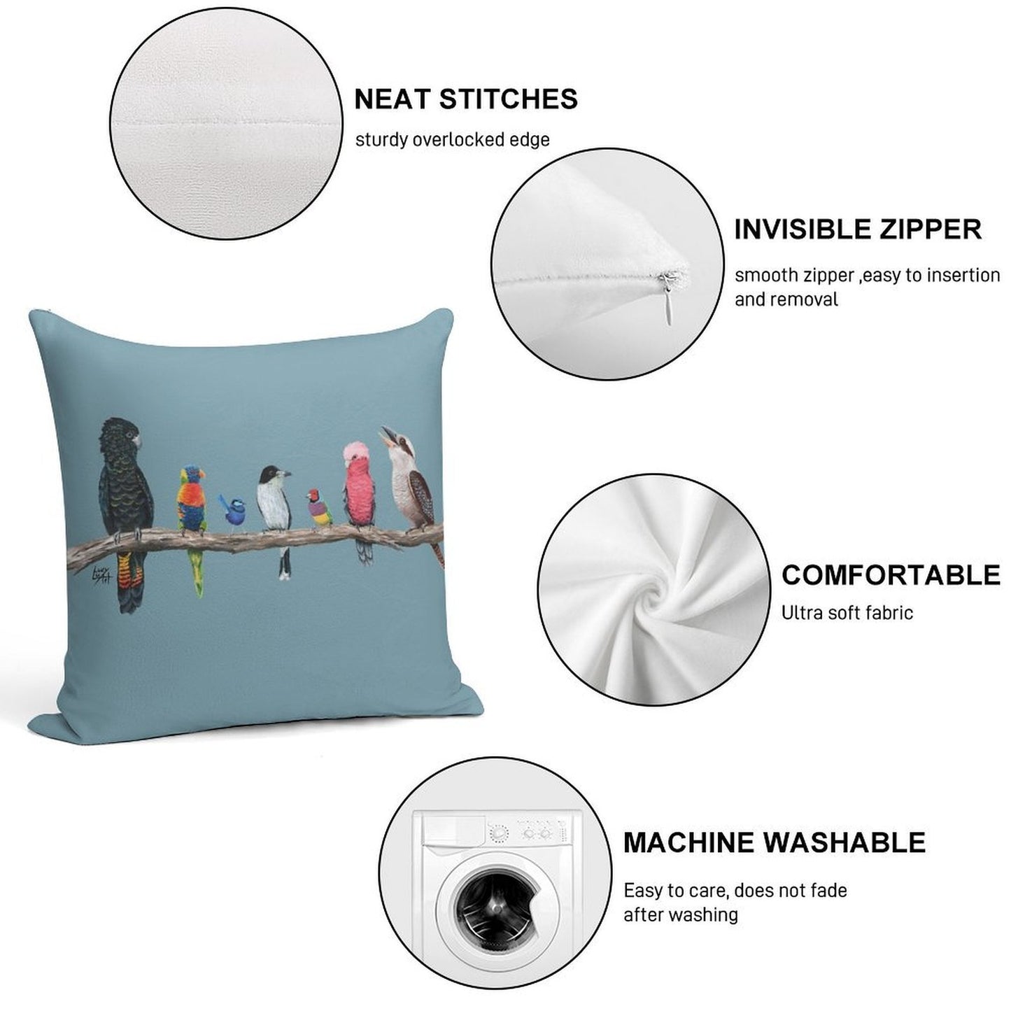Australian Birds Soft Washable Throw Pillow