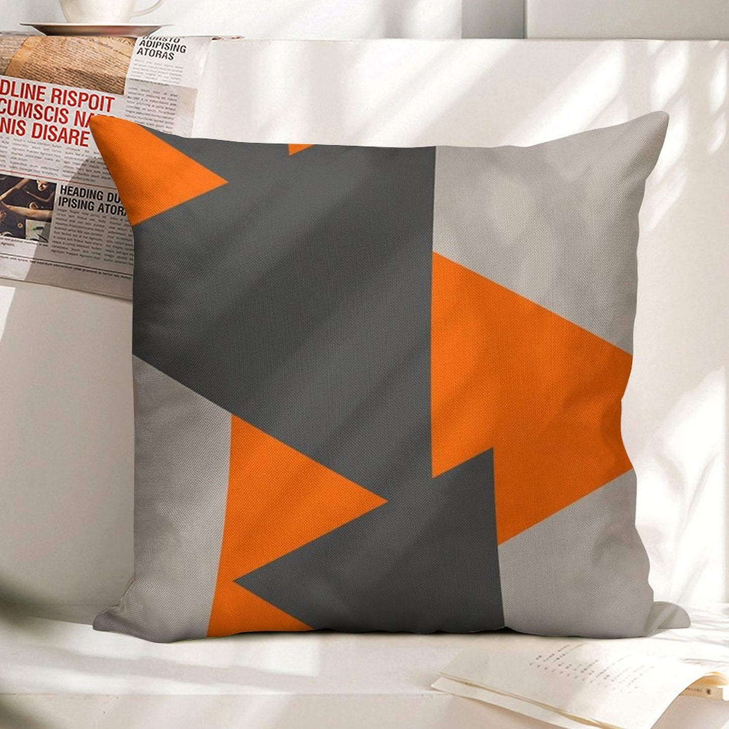 Orange And Grey Triangles Linen Throw Pillow Cover