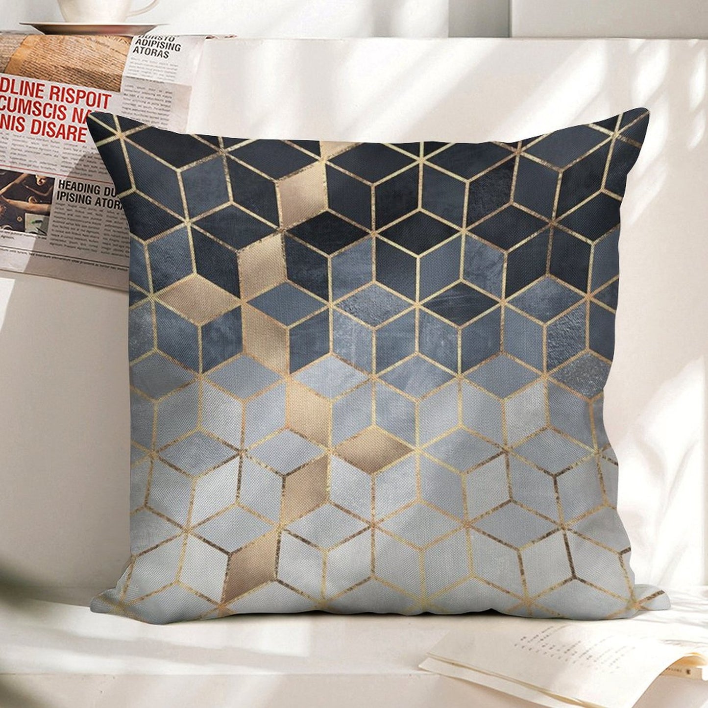Soft Blue Gradient Cubes Linen Throw Pillow Cover