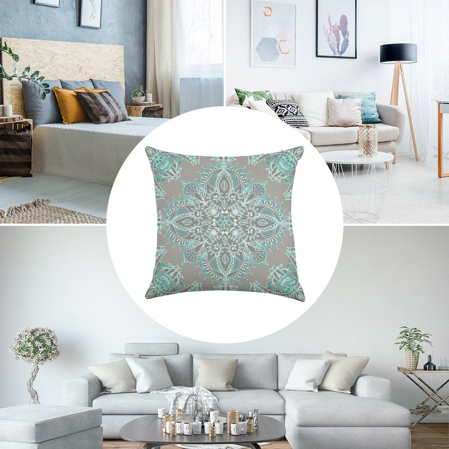 Teal And Aqua Lace Mandala on Grey Linen Throw Pillow Cover
