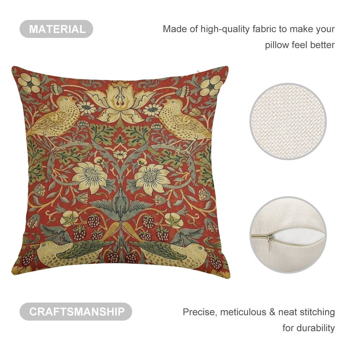 William Morris Birds Floral,red Linen Throw Pillow Cover