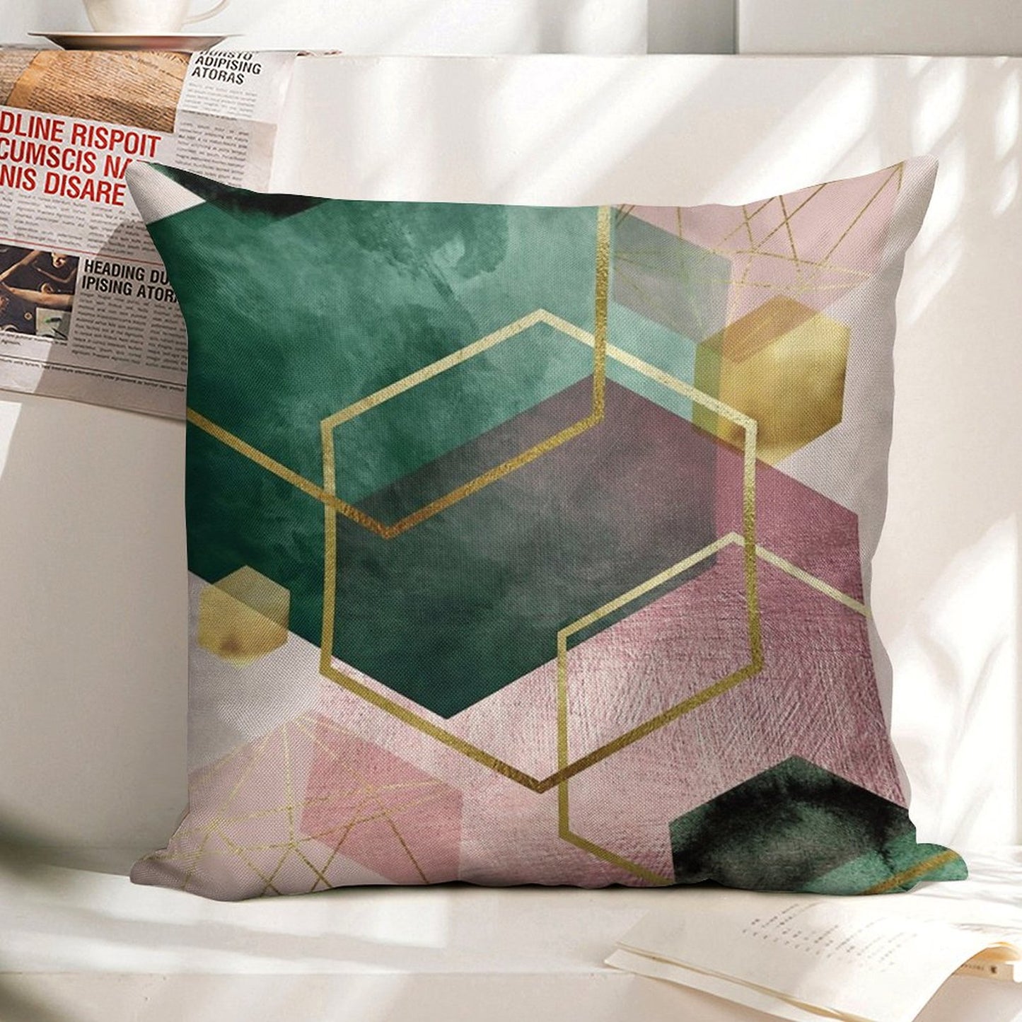 Emerald Green And Pink Geo No 1 Linen Throw Pillow Cover