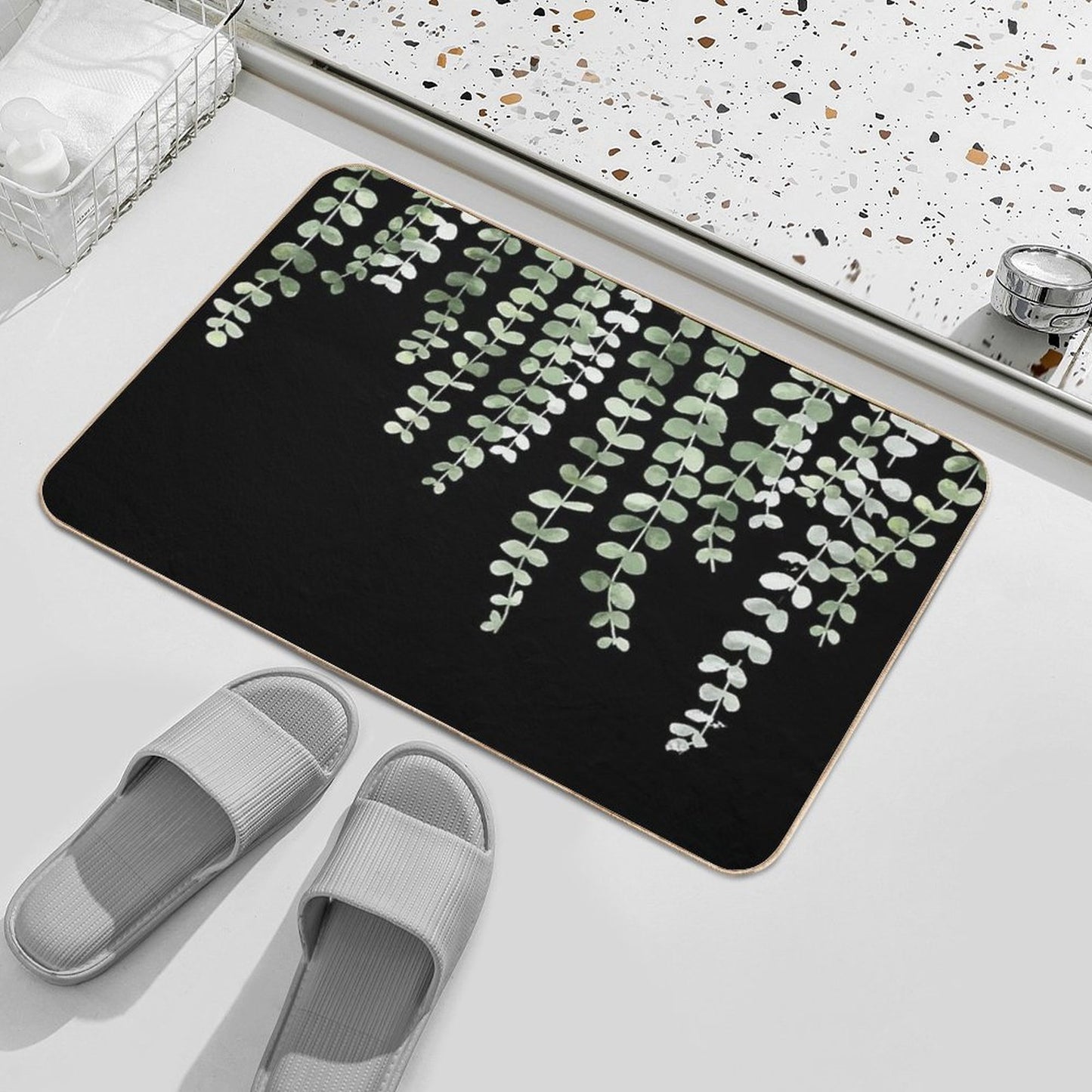 Eucalyptus Watercolor Black Bath Mat