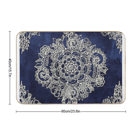 Cream Floral Moroccan Pattern on Deep Indigo Ink Bath Mat