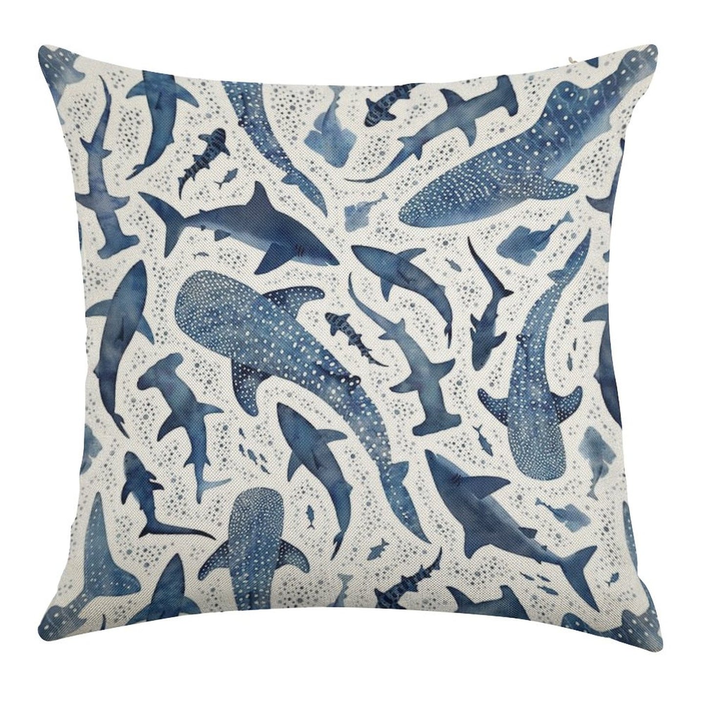 Monochrome Blue Watercolour Shark Ocean on White Linen Throw Pillow Cover