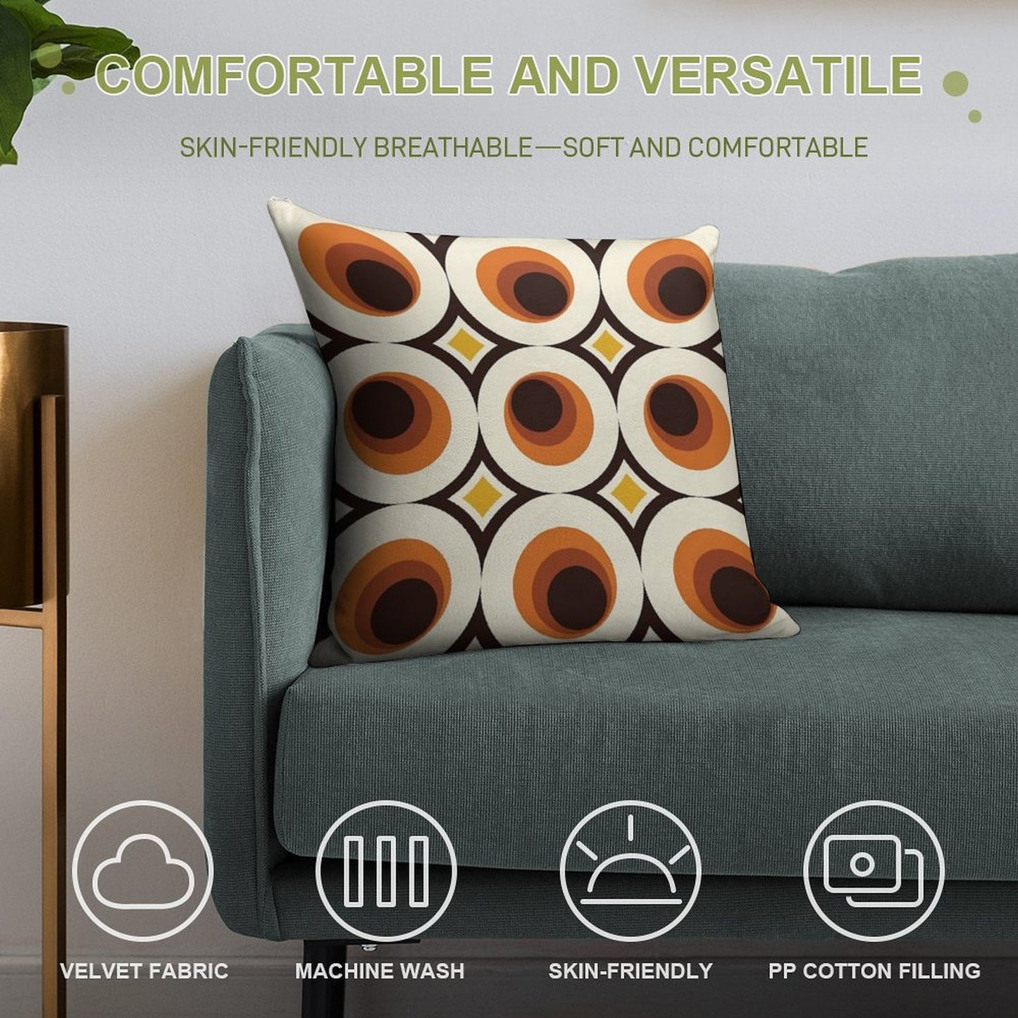 1970s Orange Mid-Century Modern Circle 1 Soft Shrink-Resistant Throw Pillow