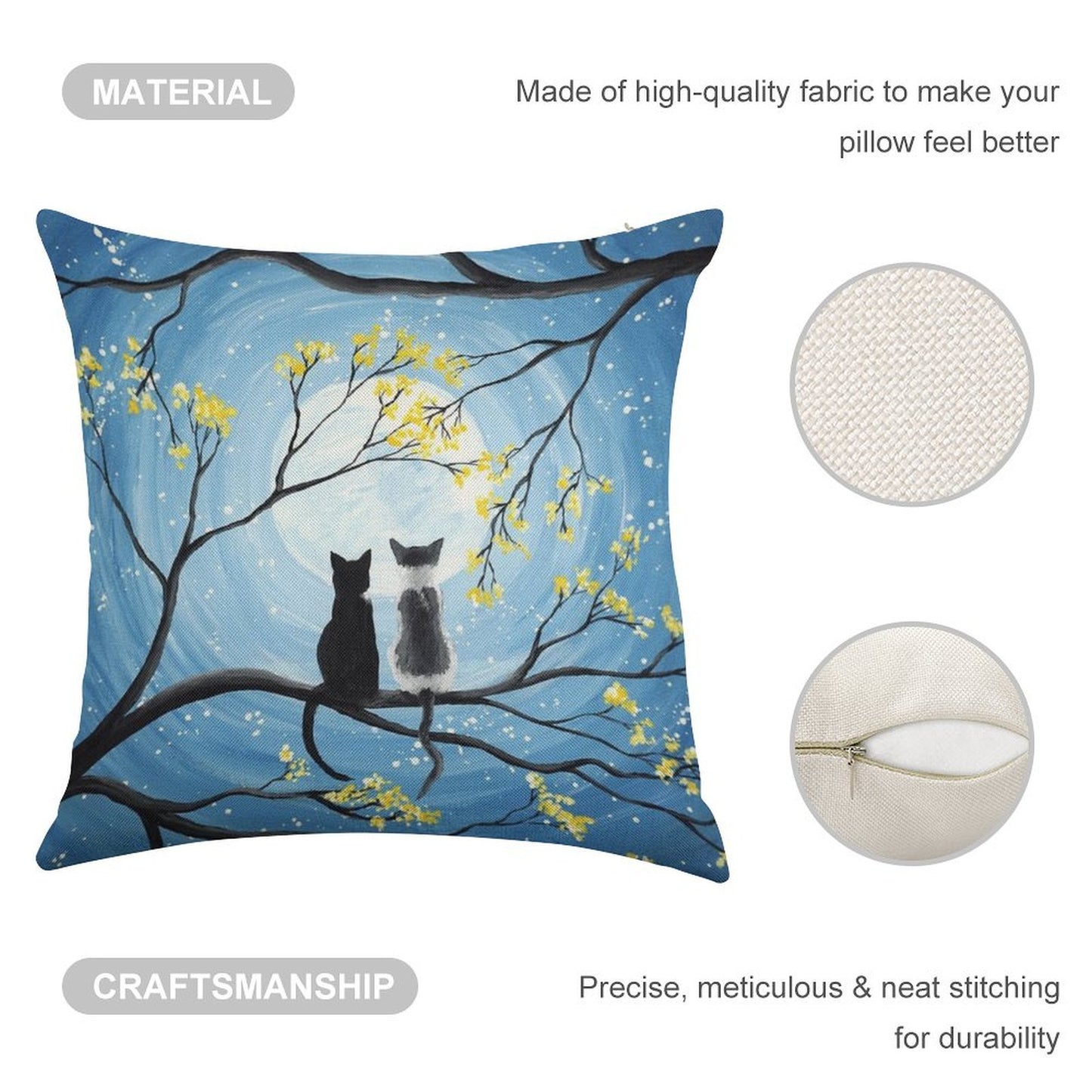 Cats Full Moon Linen Throw Pillow Cover
