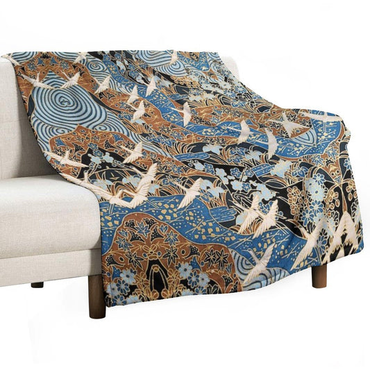 FLYING WHITE CRANES ON BLUE WATER AND SPRING FLOWERS Antique Japanese Floral Throw Blanket