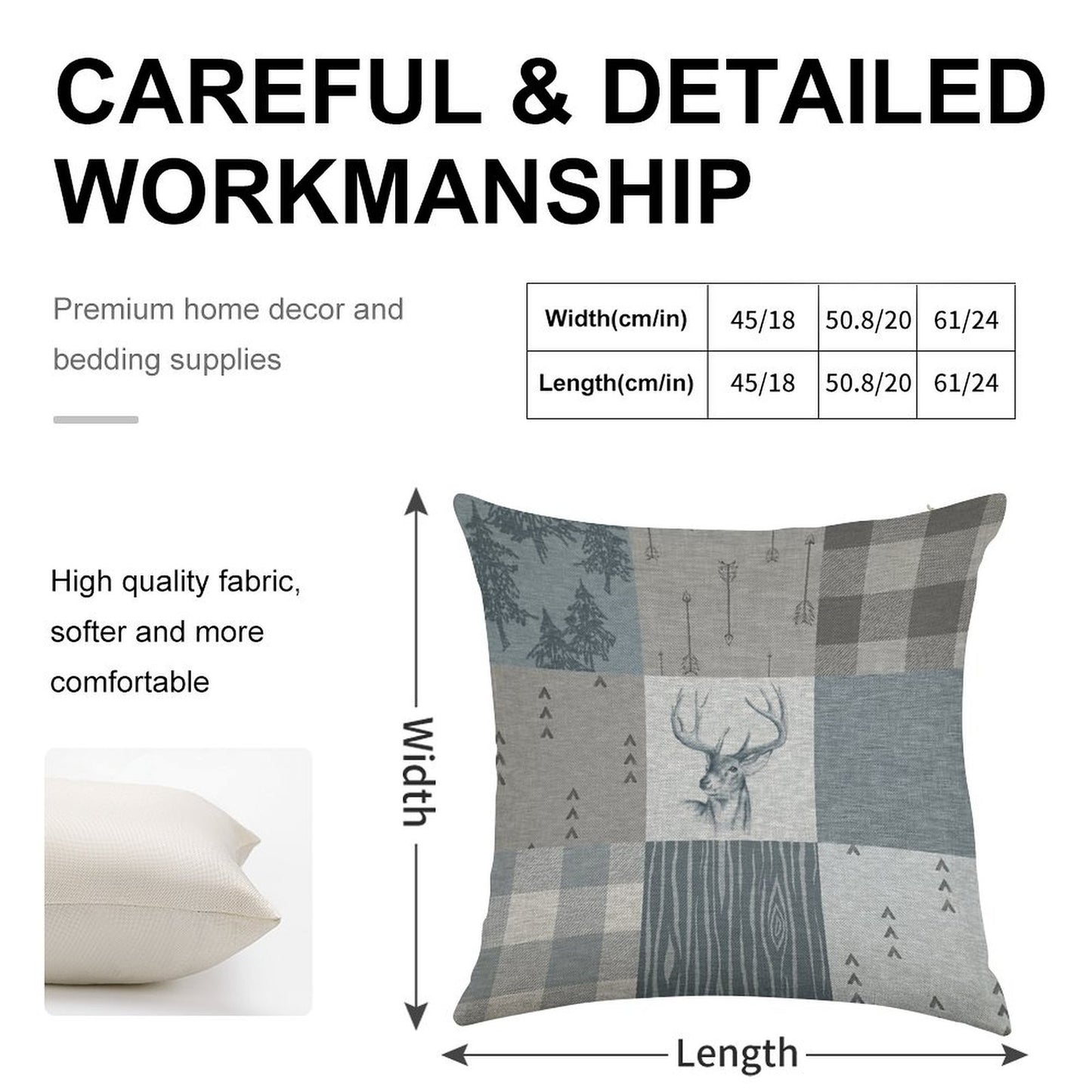 Deer Patchwork - Rustic Blue And Grey Linen Throw Pillow Cover