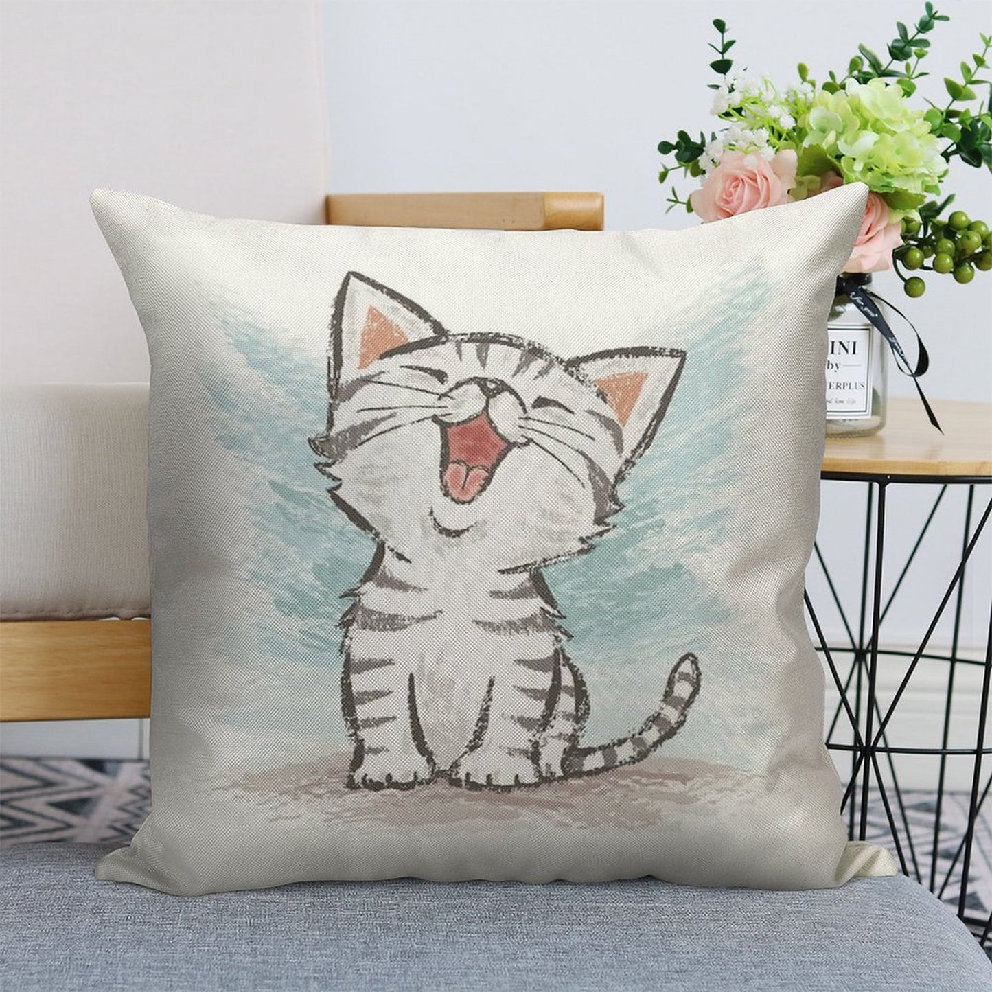 American Shorthair Happy Linen Throw Pillow Cover