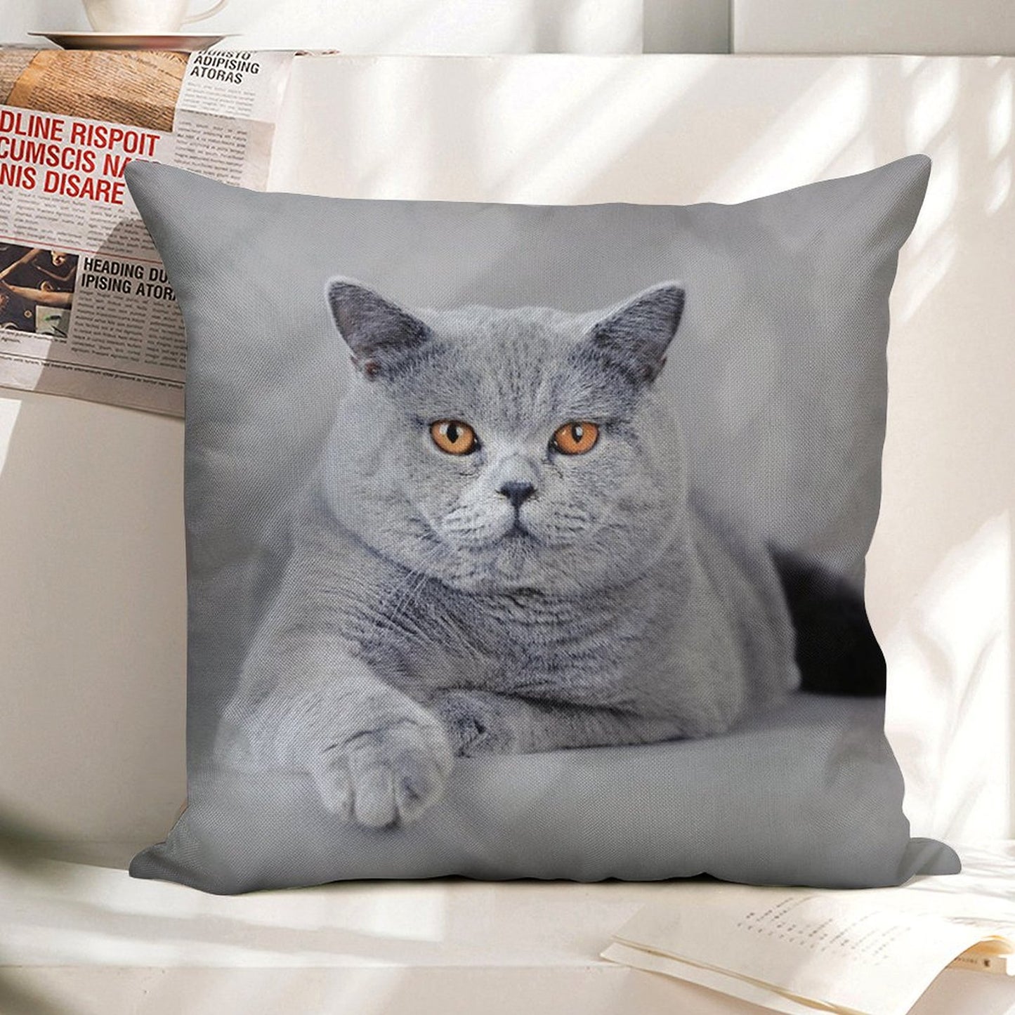 British Shorthair Cat Portrait Linen Throw Pillow Cover
