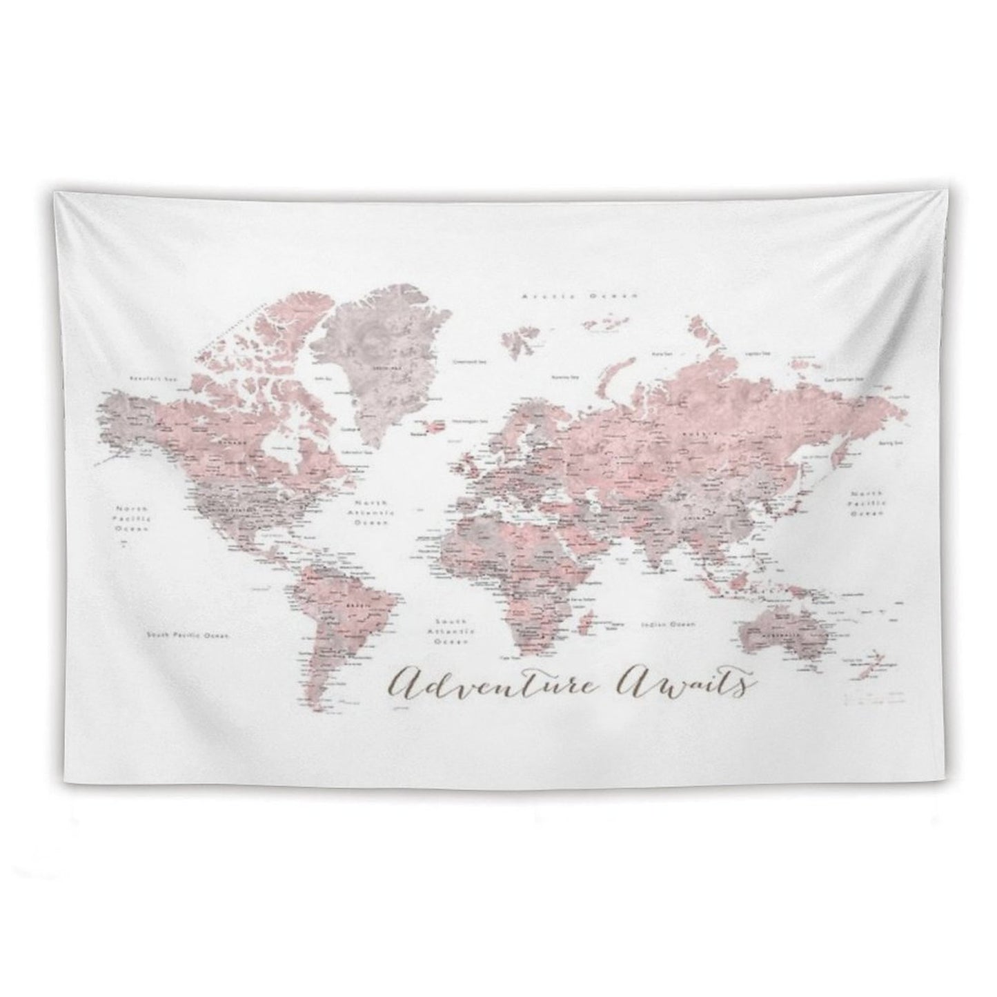 World Map Adventure Awaits in Dusty Pink And Grey Tapestry
