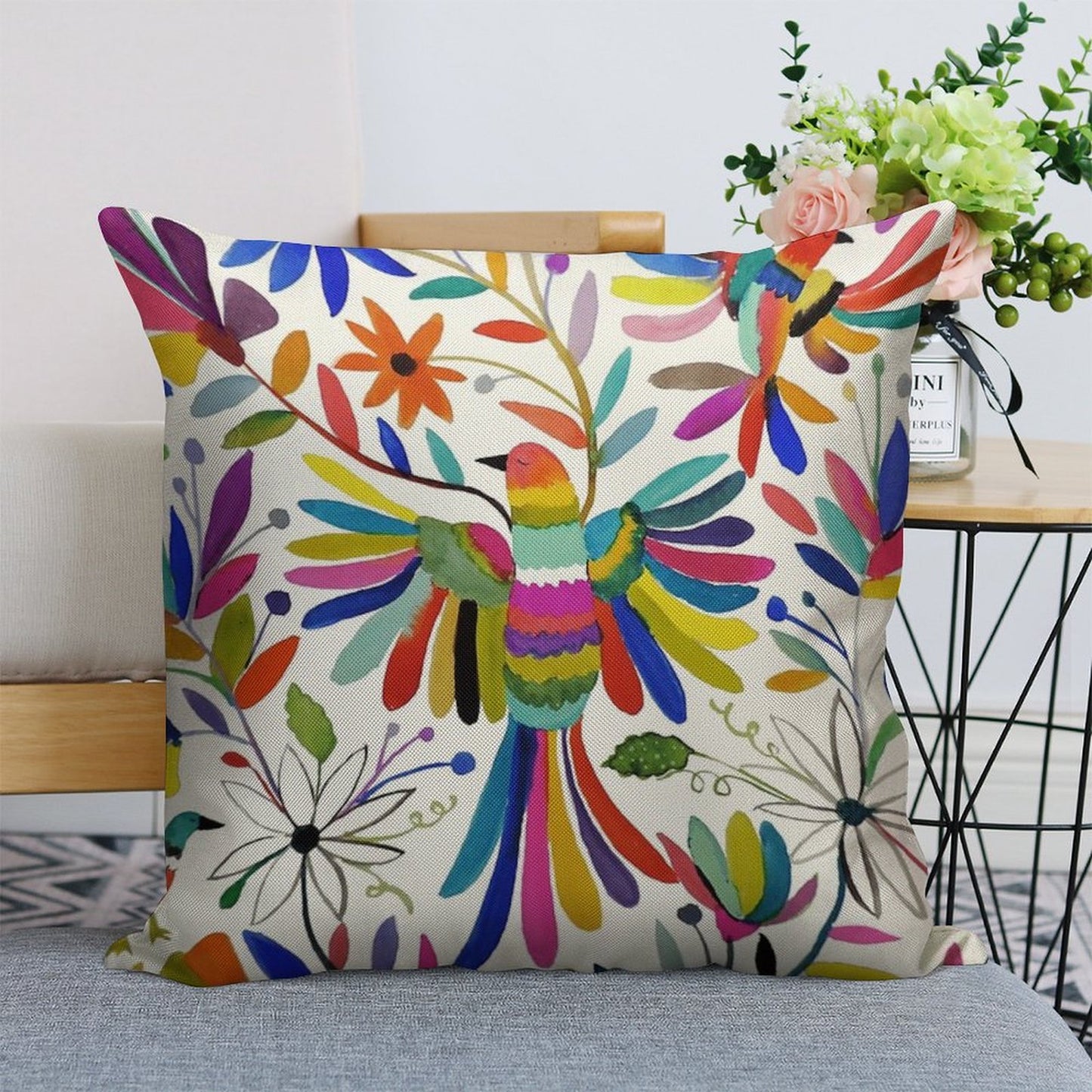Otomi Bird Linen Throw Pillow Cover