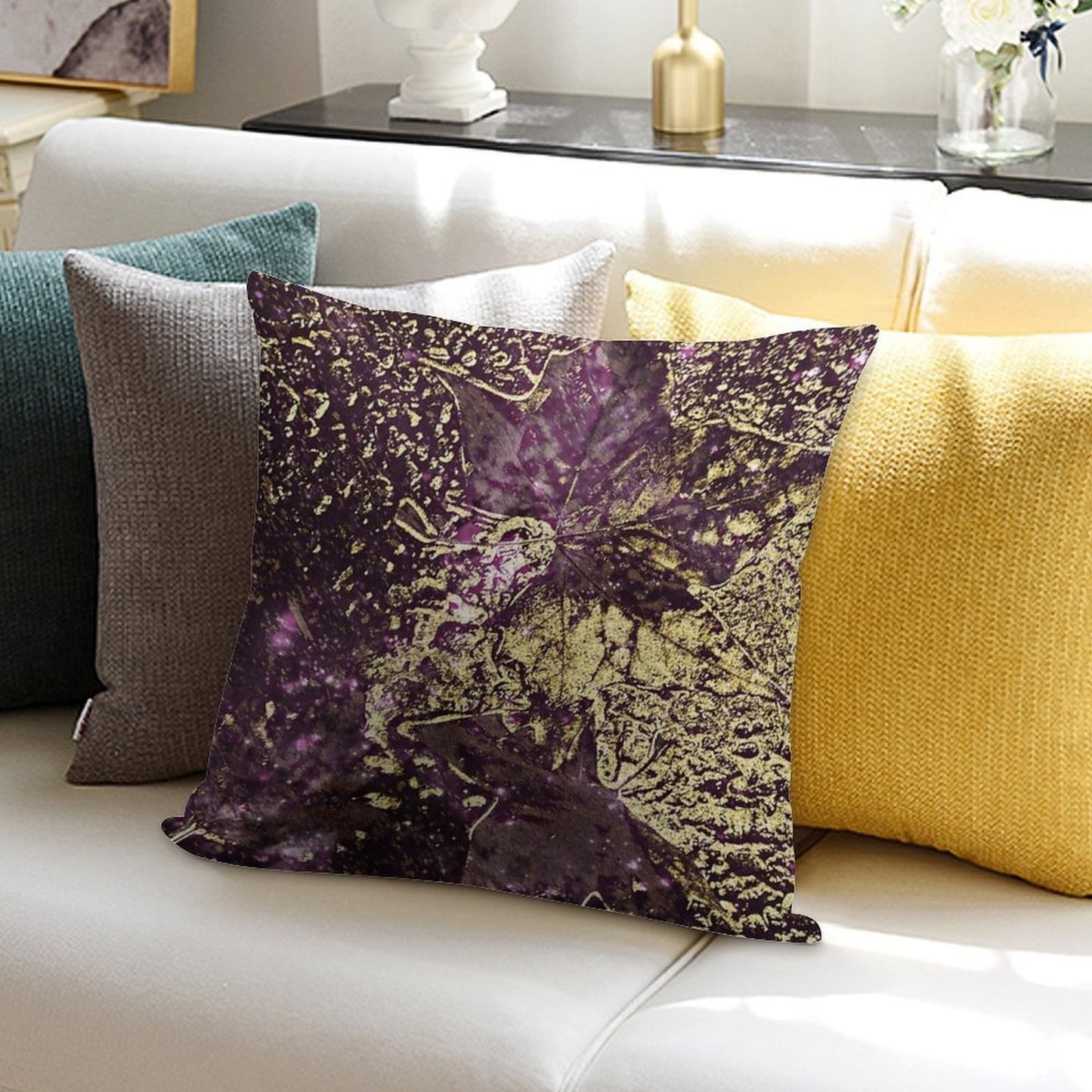Two Purple Leaves in Melted Gold Soft Home Decor Throw Pillow