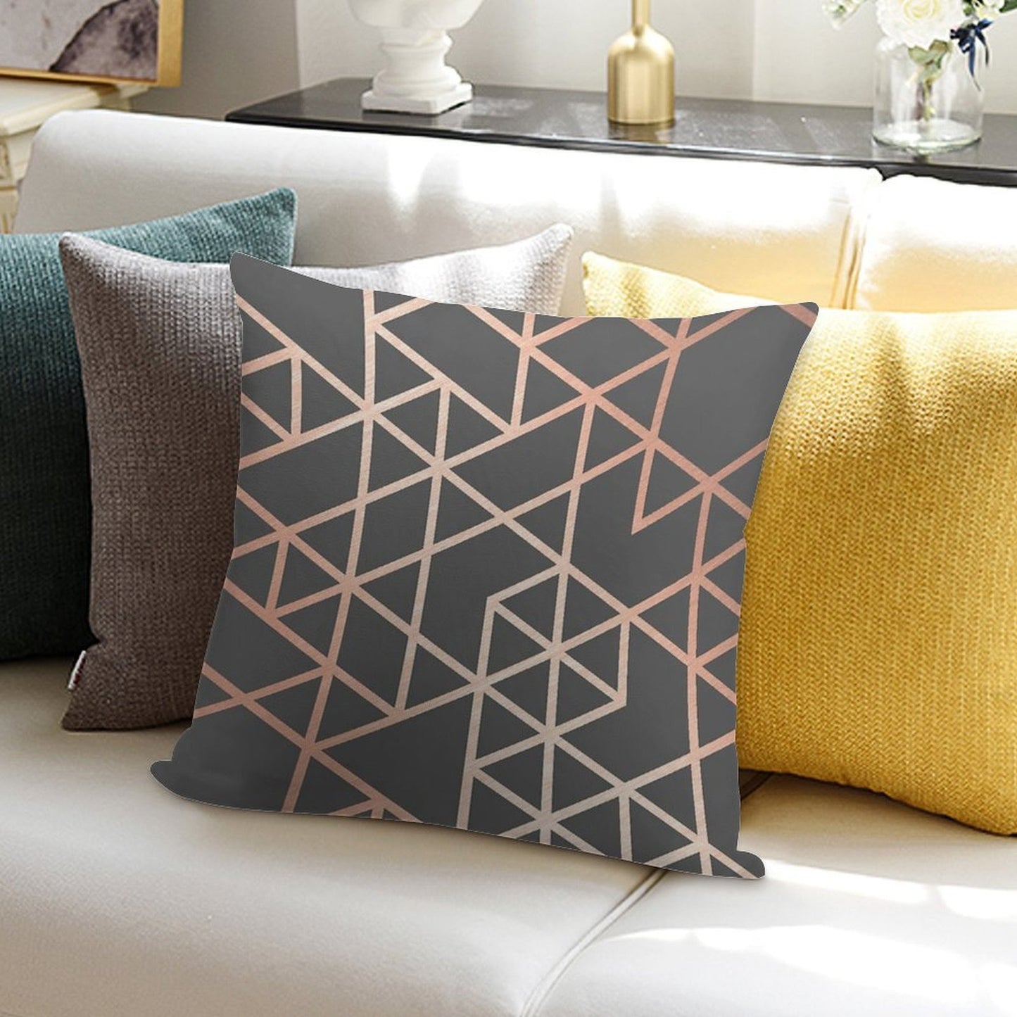 Rose Gold And Gray Geometric Pattern Soft Luxury Feel Throw Pillow