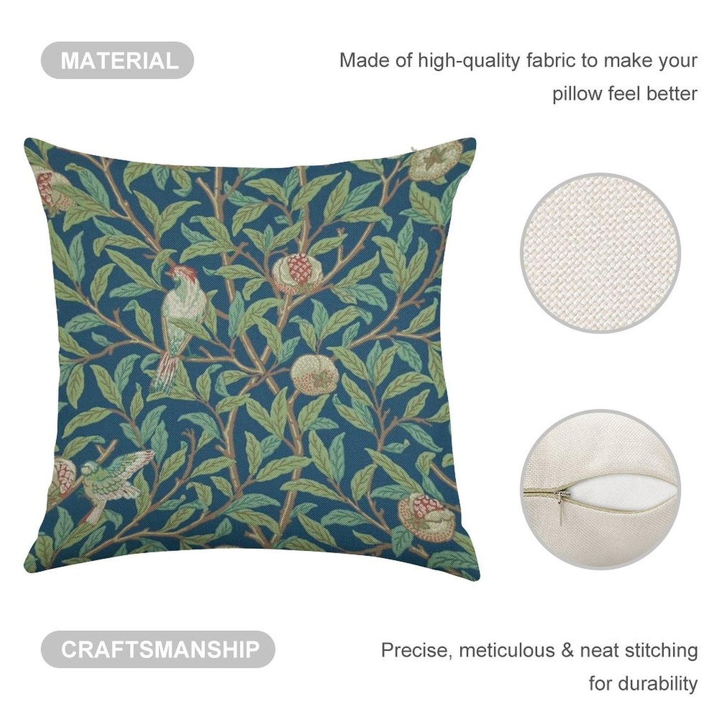 William Morris Pomegranate Fruit And Bird,No,01. Linen Throw Pillow Cover