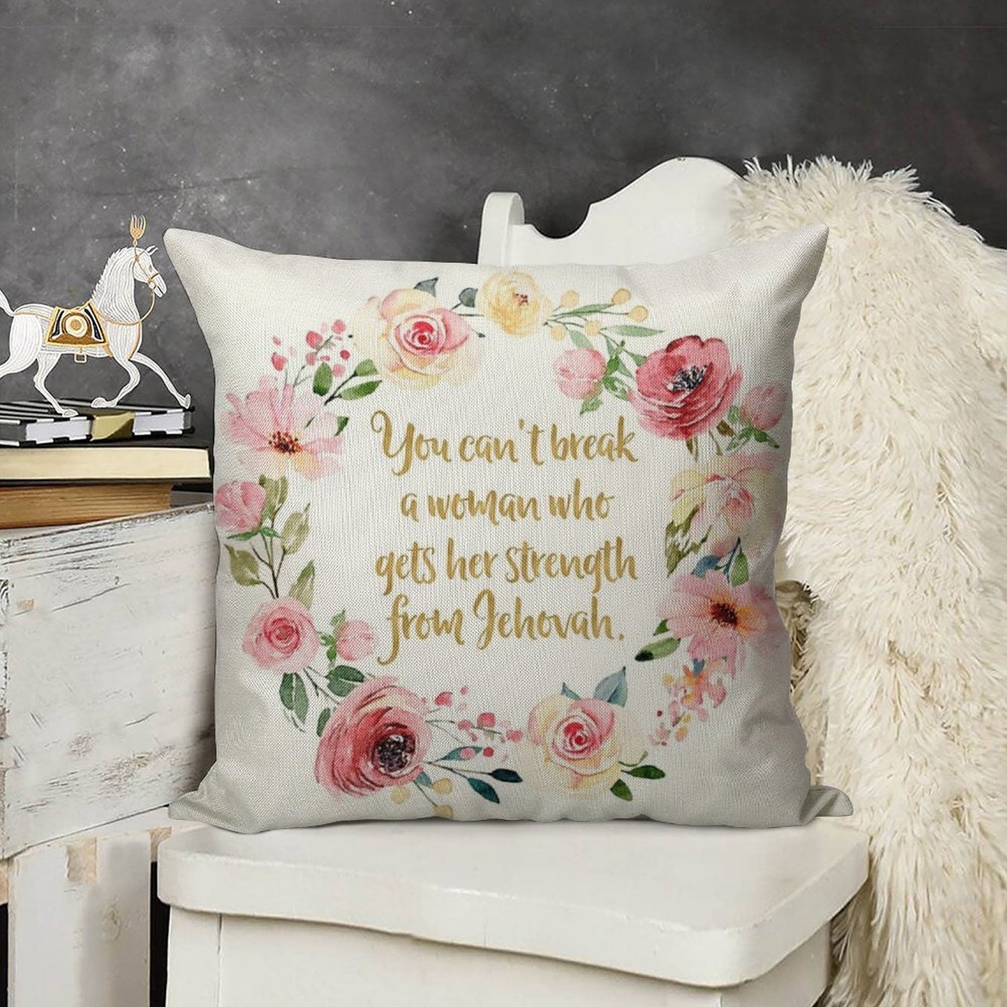 You Can't Break A Woman Who Gets Her Strength From Jehovah Linen Throw Pillow Cover