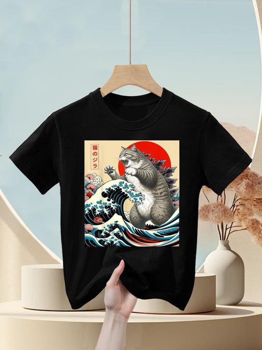 Catzilla Cat Japanese Art Funny Cat Gifts For Men Women Kid Kids T-Shirt