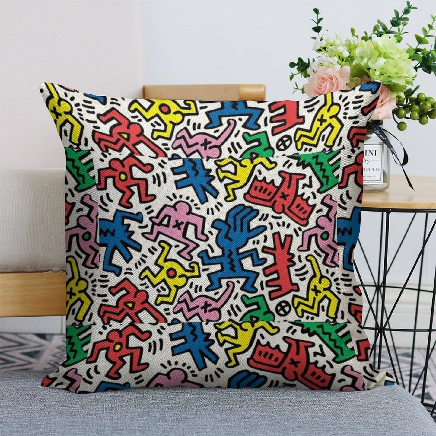 Haring Pop Art Linen Throw Pillow Cover