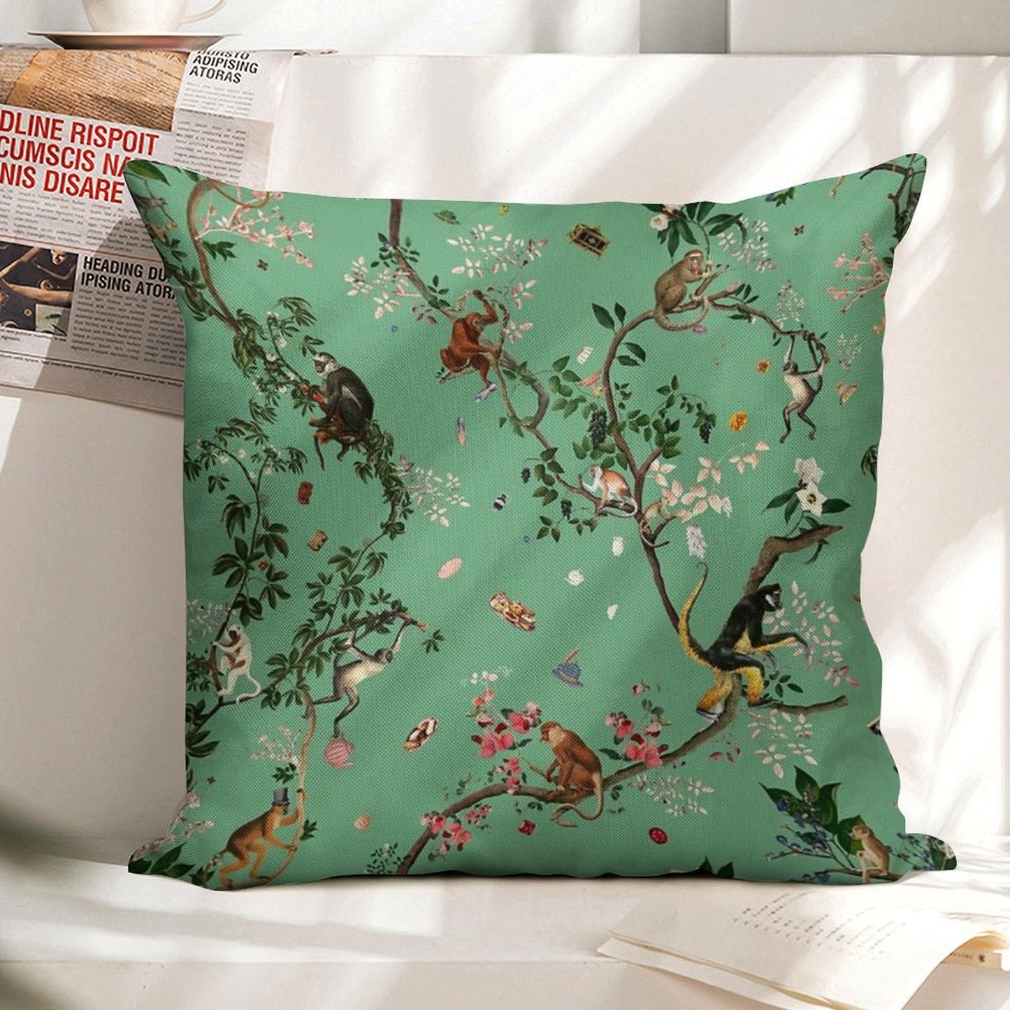 Monkey World Green Linen Throw Pillow Cover