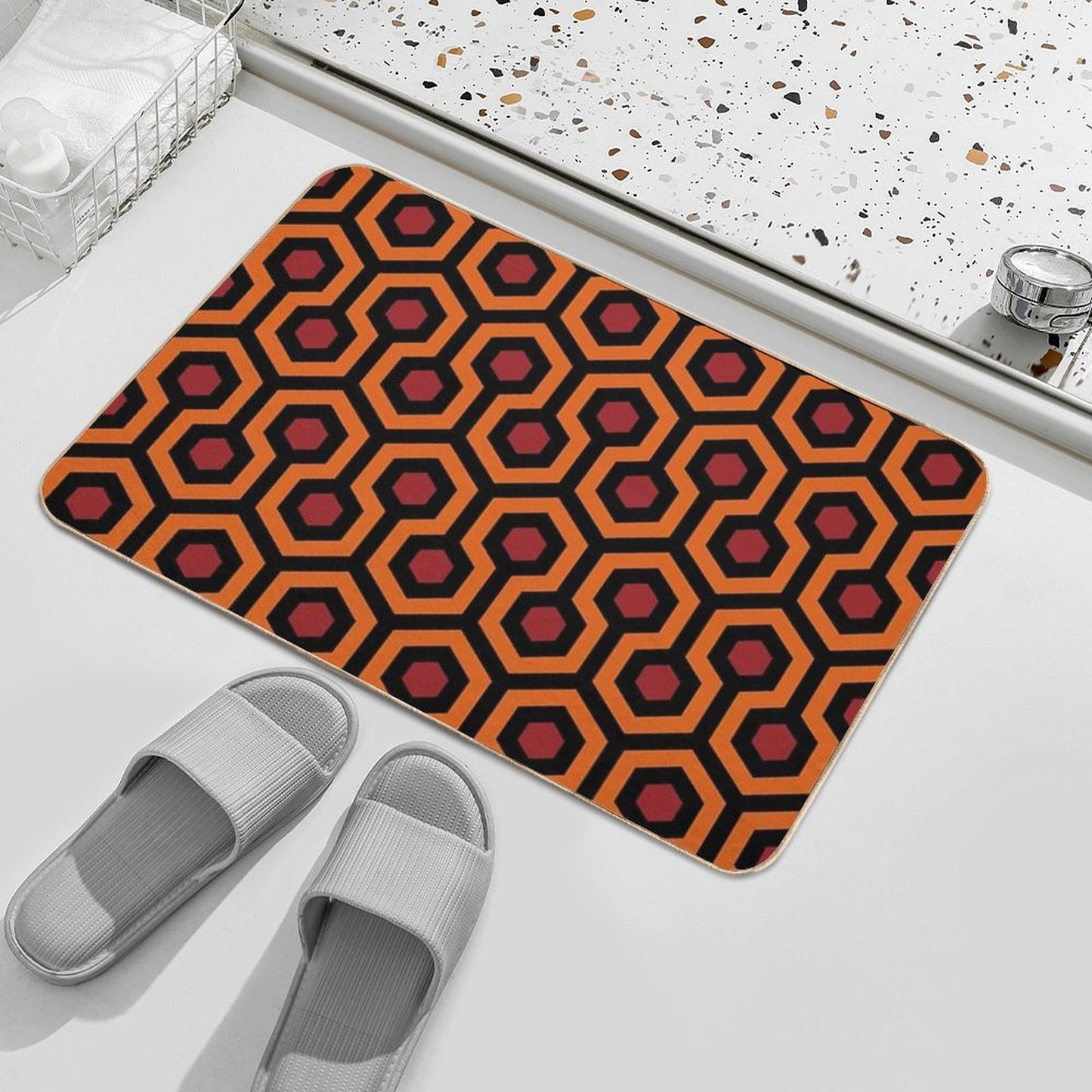 Geometric Pattern Looped Hexagons OrangeRedBlack Bath Mat