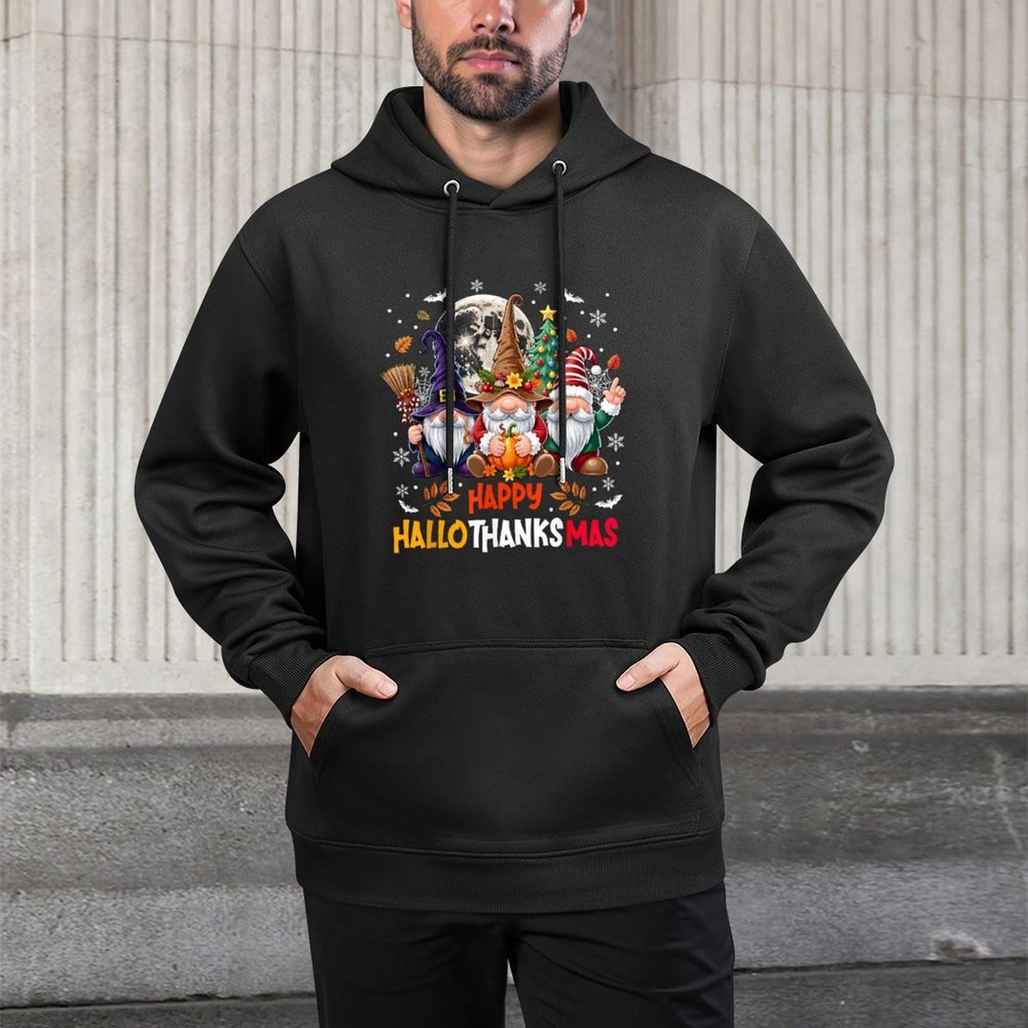 Gnome Hallothanksmas Halloween Thanksgiving Christmas Adjustable Hood Hoodie
