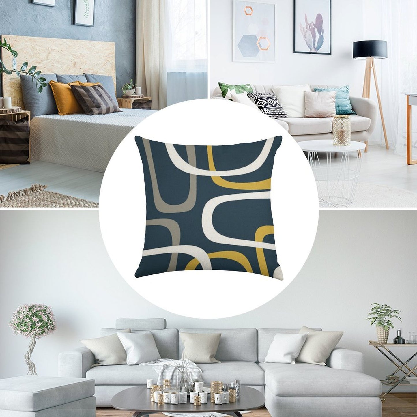 Midcentury Modern Loops Retro Pattern in Light Mustard, Grey, White, And Navy Blue Linen Throw Pillow Cover