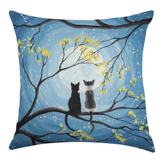 Cats Full Moon Linen Throw Pillow Cover