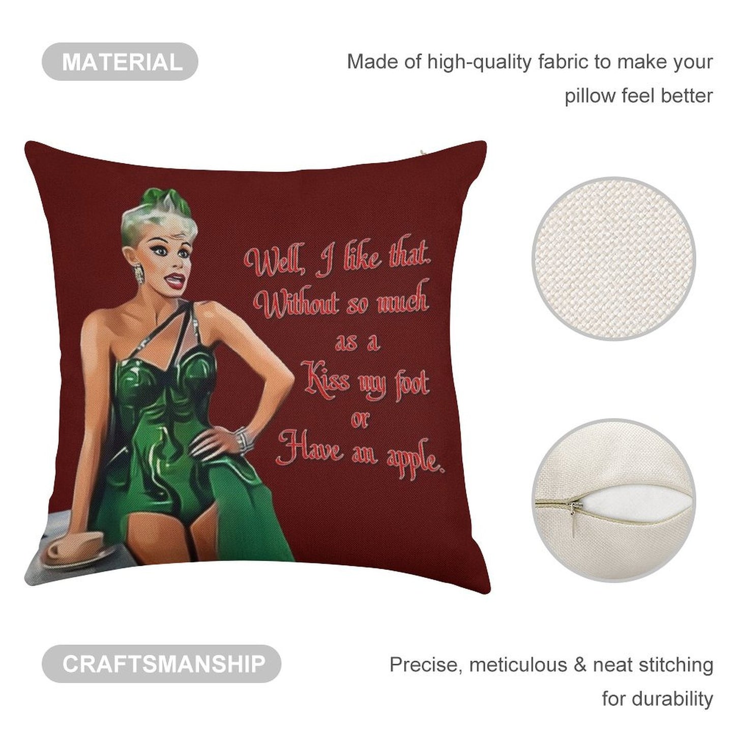 White Christmas - Kiss My Foot Or Have An Apple - Red Linen Throw Pillow Cover