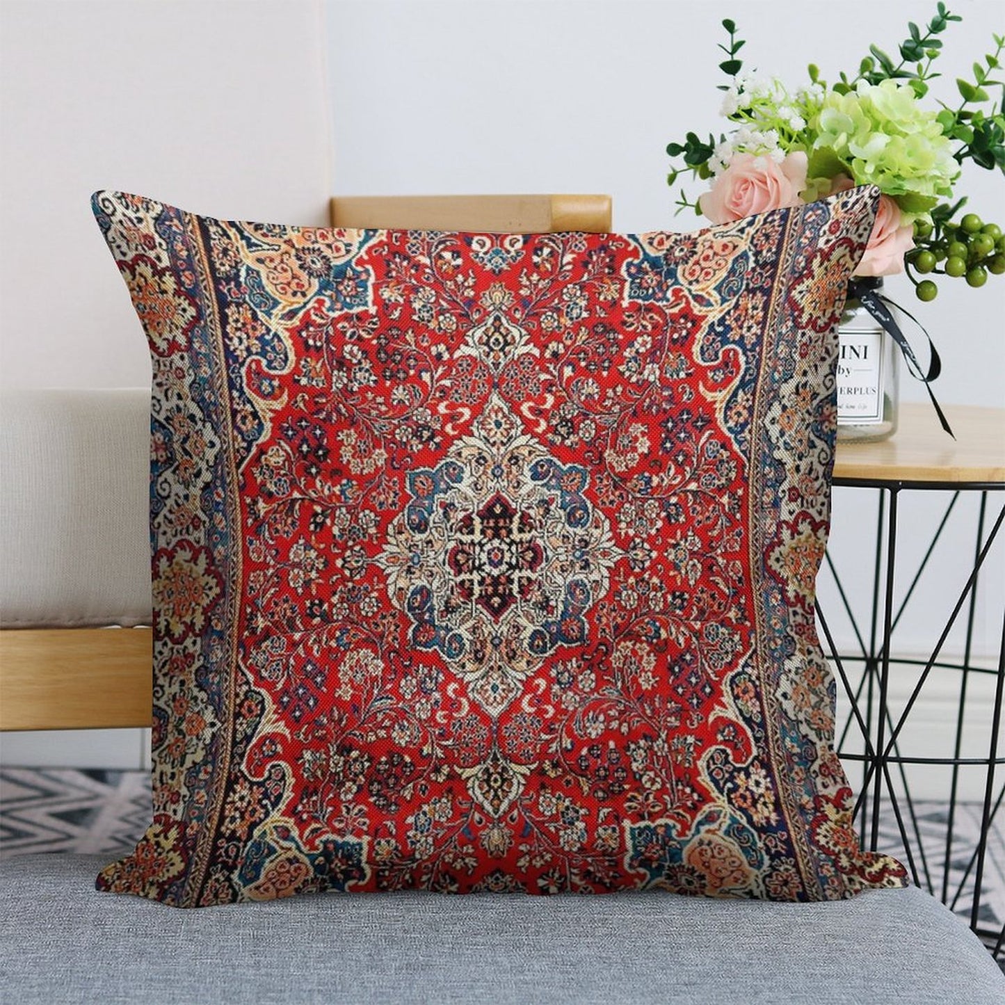 Red Blue Sarouk Persian Carpet Print Linen Throw Pillow Cover