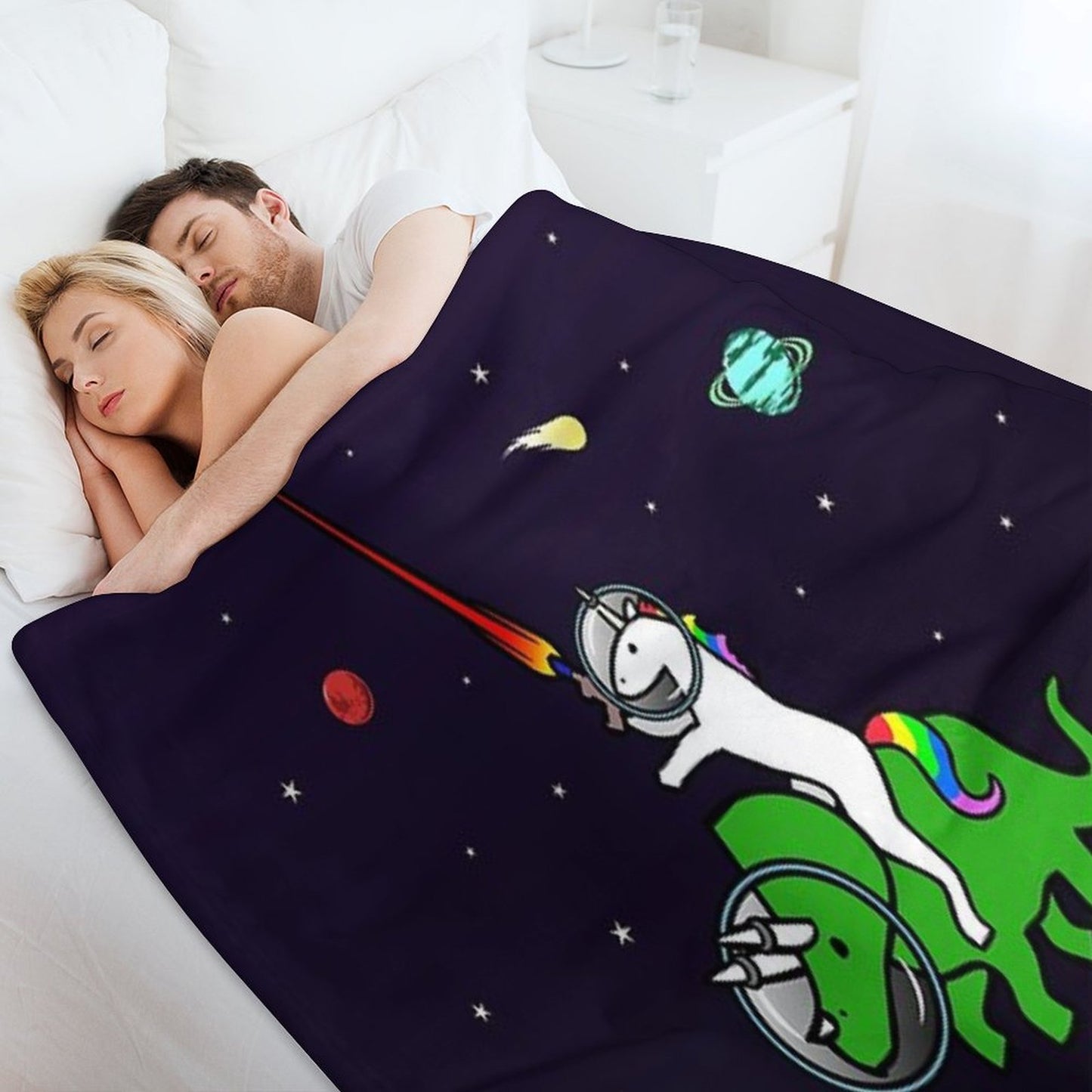 Unicorn Riding Triceratops In Space Throw Blanket