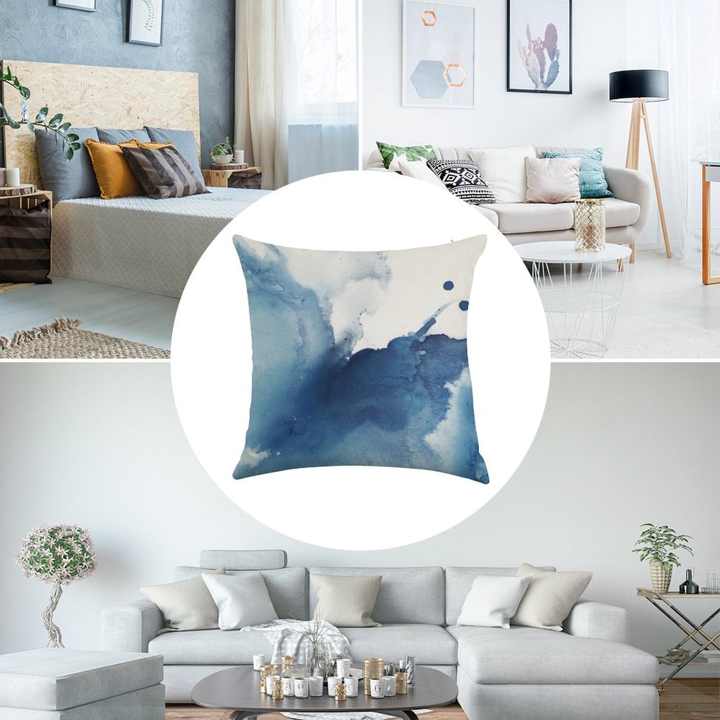 Indigo Blue Sea, Abstract Ink Painting Linen Throw Pillow Cover