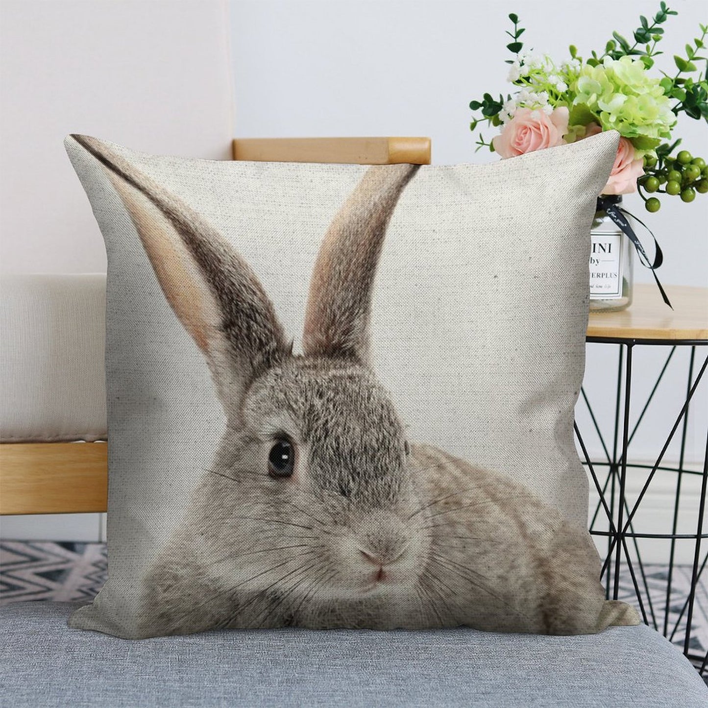 Rabbit 34 Linen Throw Pillow Cover