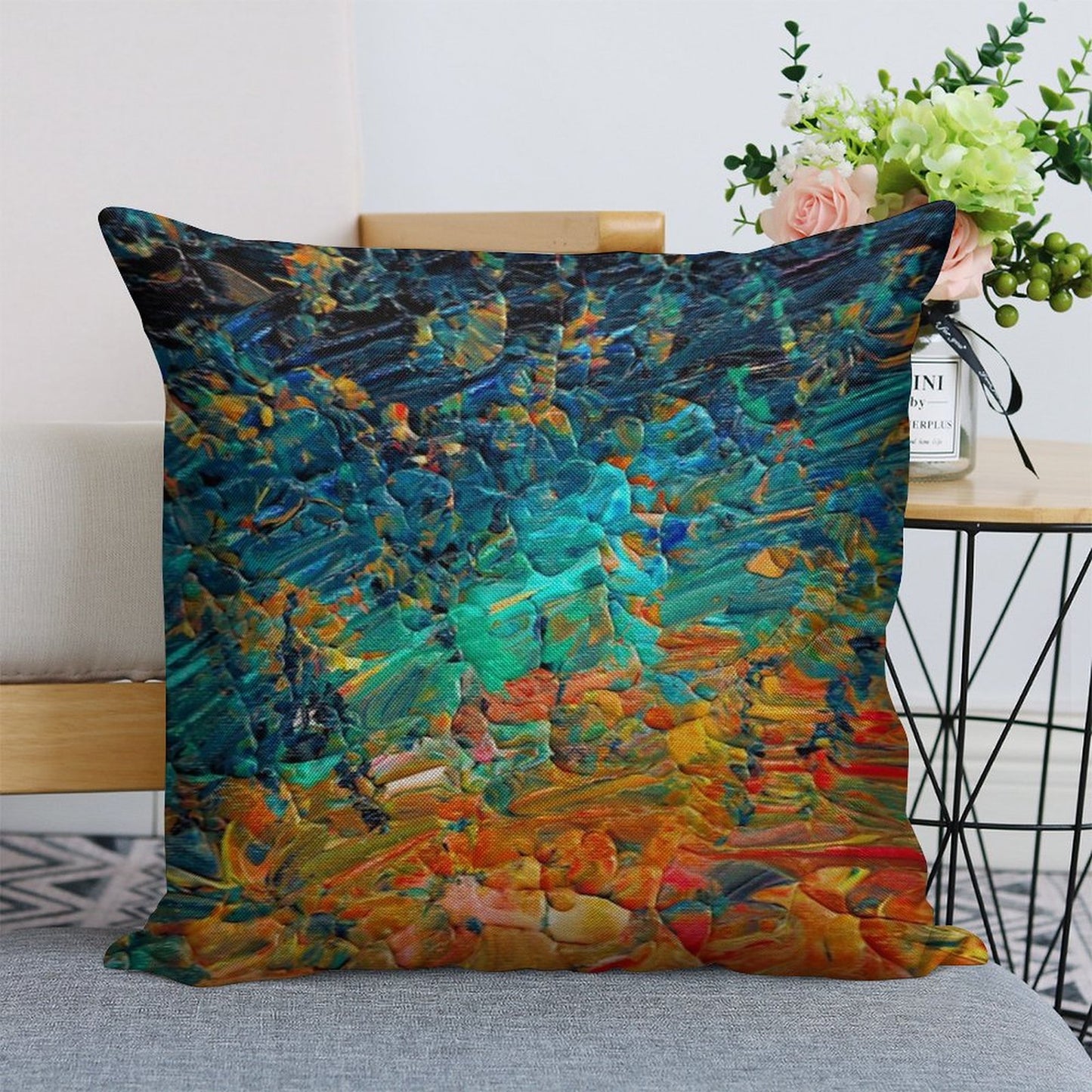 ETERNAL TIDE 2 Bold Rainbow Colorful Deep BlueTurquoise Aqua Orange Yellow Ombre Waves Abstract Acrylic Painting Linen Throw Pillow Cover