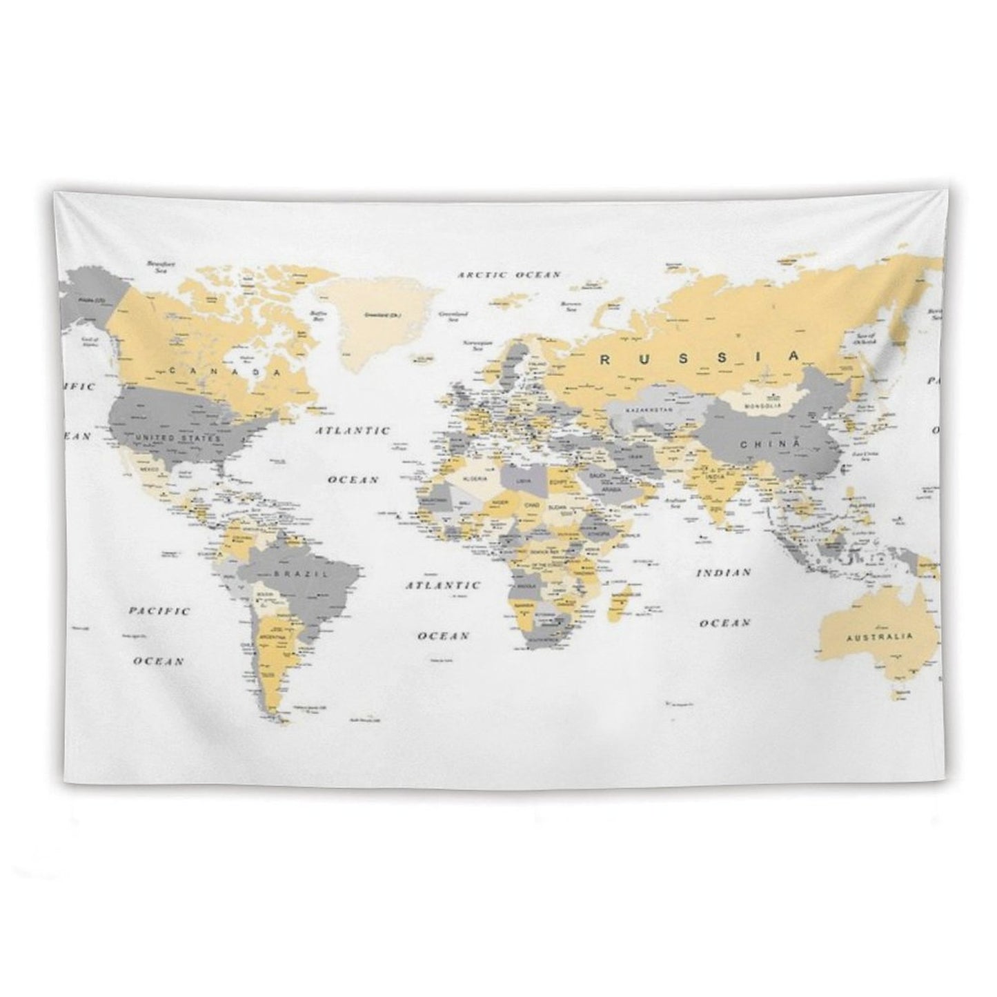 Map of The World Yellow And Grey Tapestry