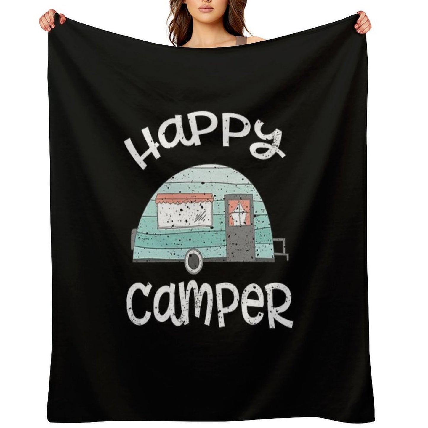 Happy Camper Retro Trailer RV Caravan Camping Throw Blanket
