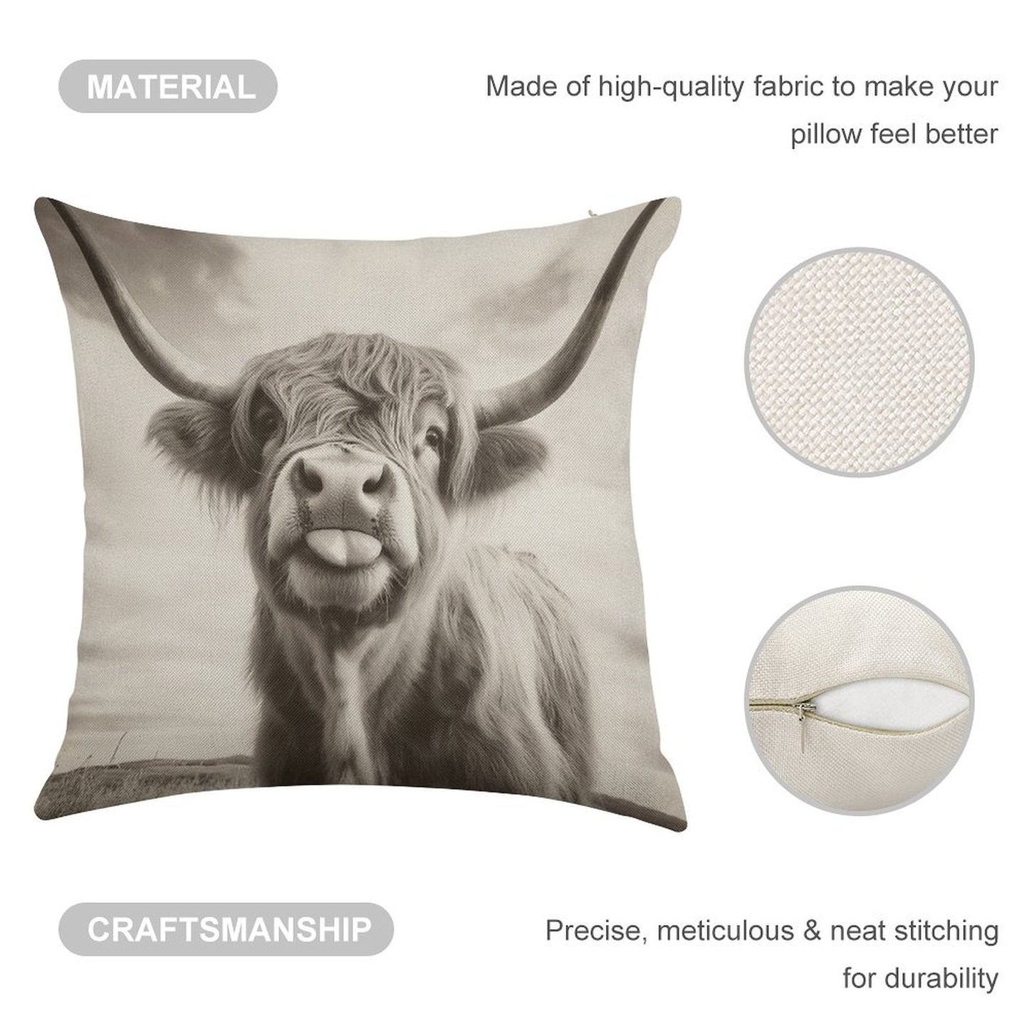 Cheeky Highland Cow Linen Throw Pillow Cover