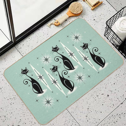 Mid Century Meow Retro Atomic Cats on Vintage Mint ©studioxtine Bath Mat
